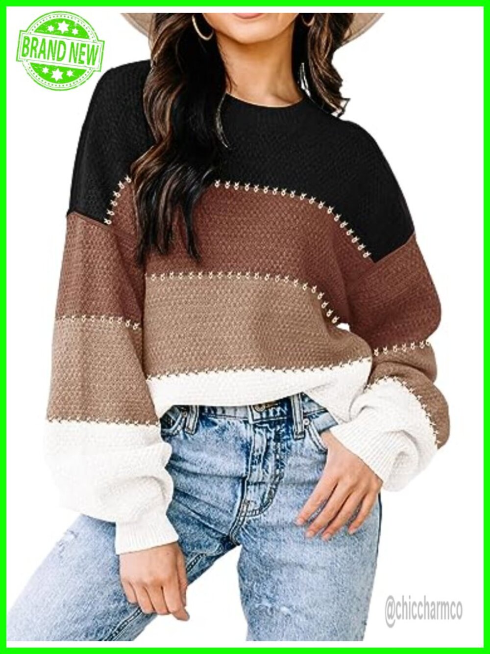 Oversized Colorblock Pullover Sweater, Knit Tunic Top, Long Sleeve Batwing